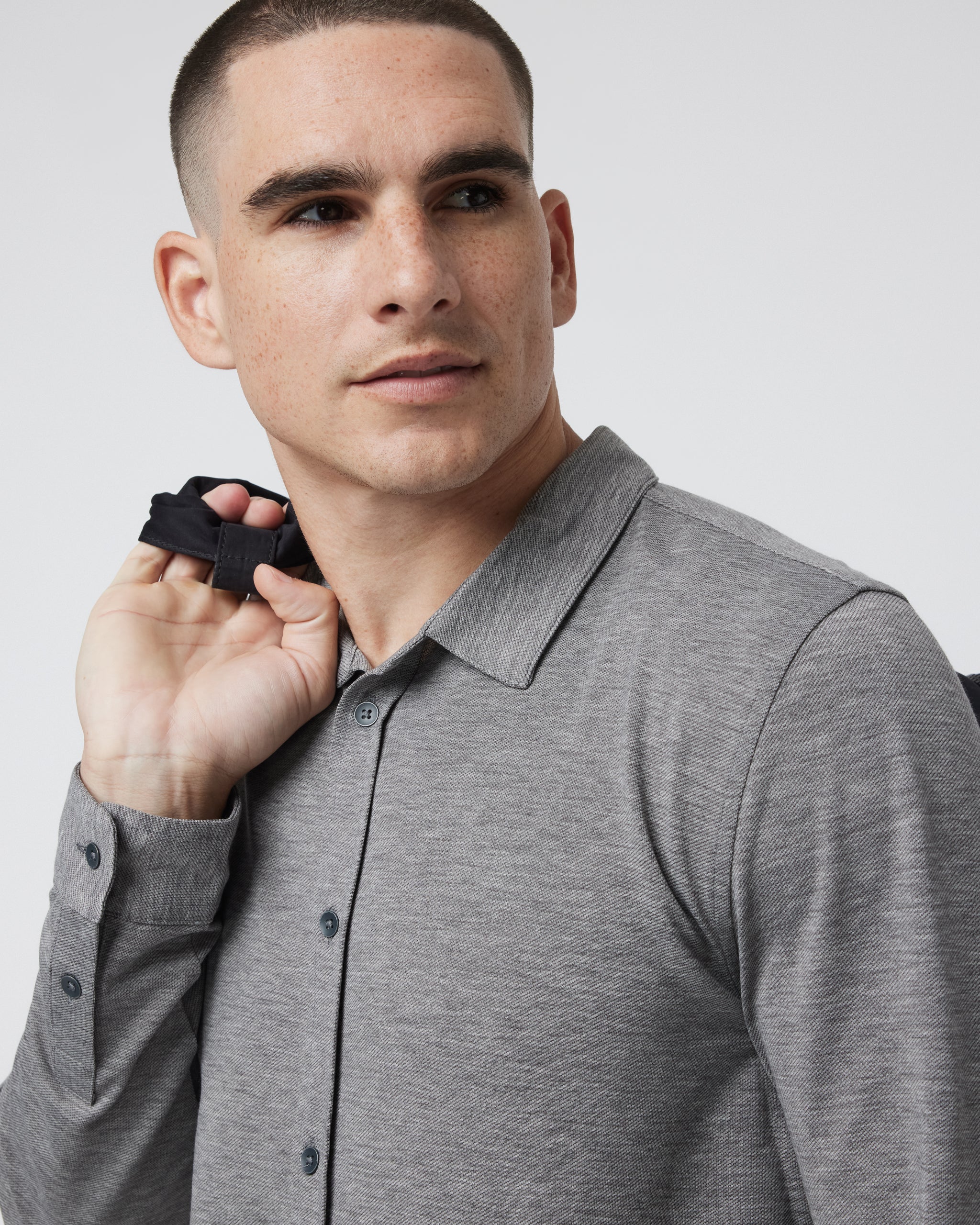 Long Sleeve Knit Twill Button Down | Heather Grey - Image 3