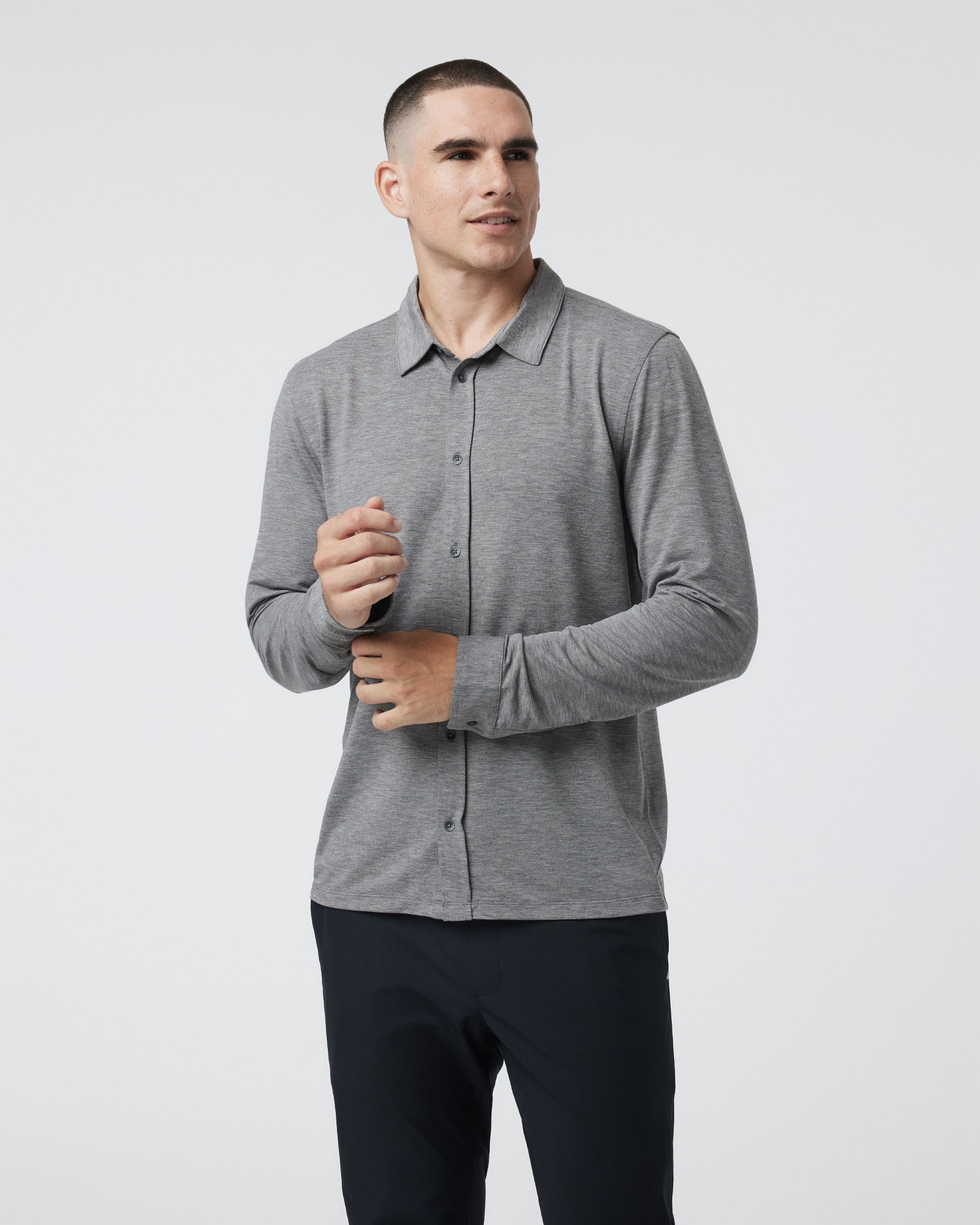 Long Sleeve Knit Twill Button Down | Heather Grey - Image 5