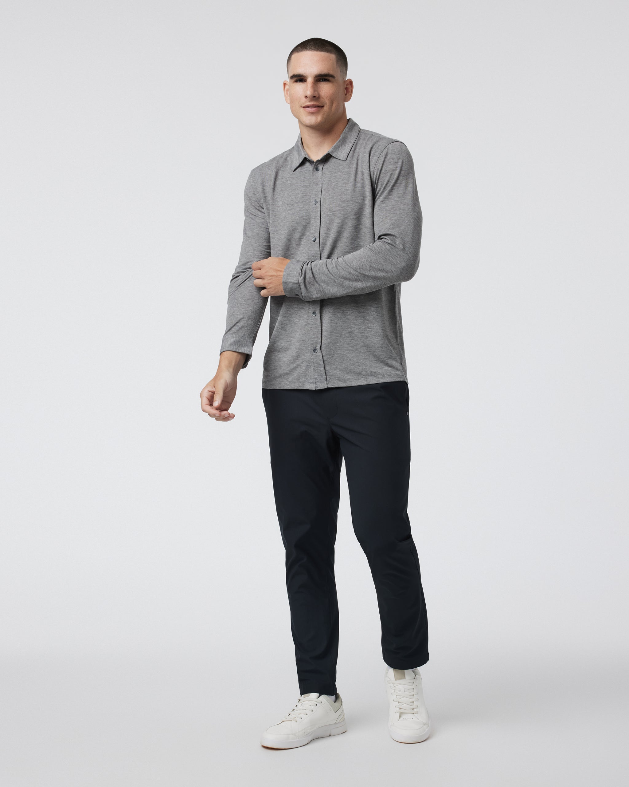 Long Sleeve Knit Twill Button Down | Heather Grey - Image 4