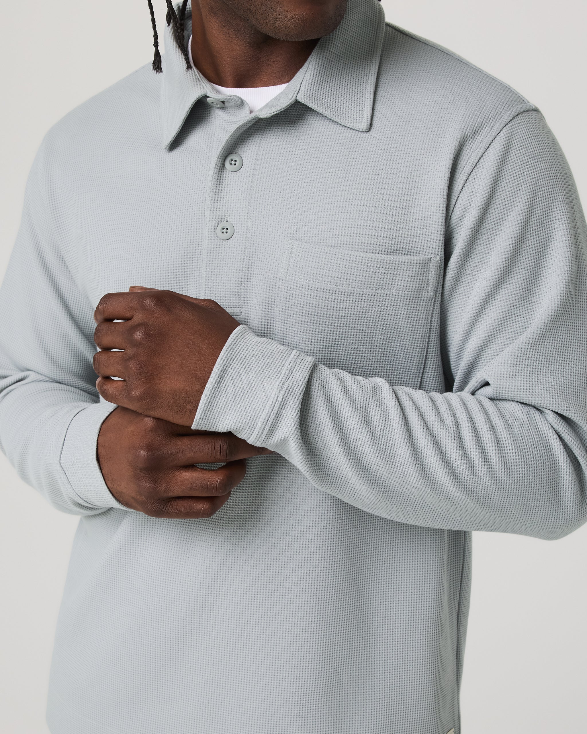 Long Sleeve Waffle Polo | Sea Fog - Image 2