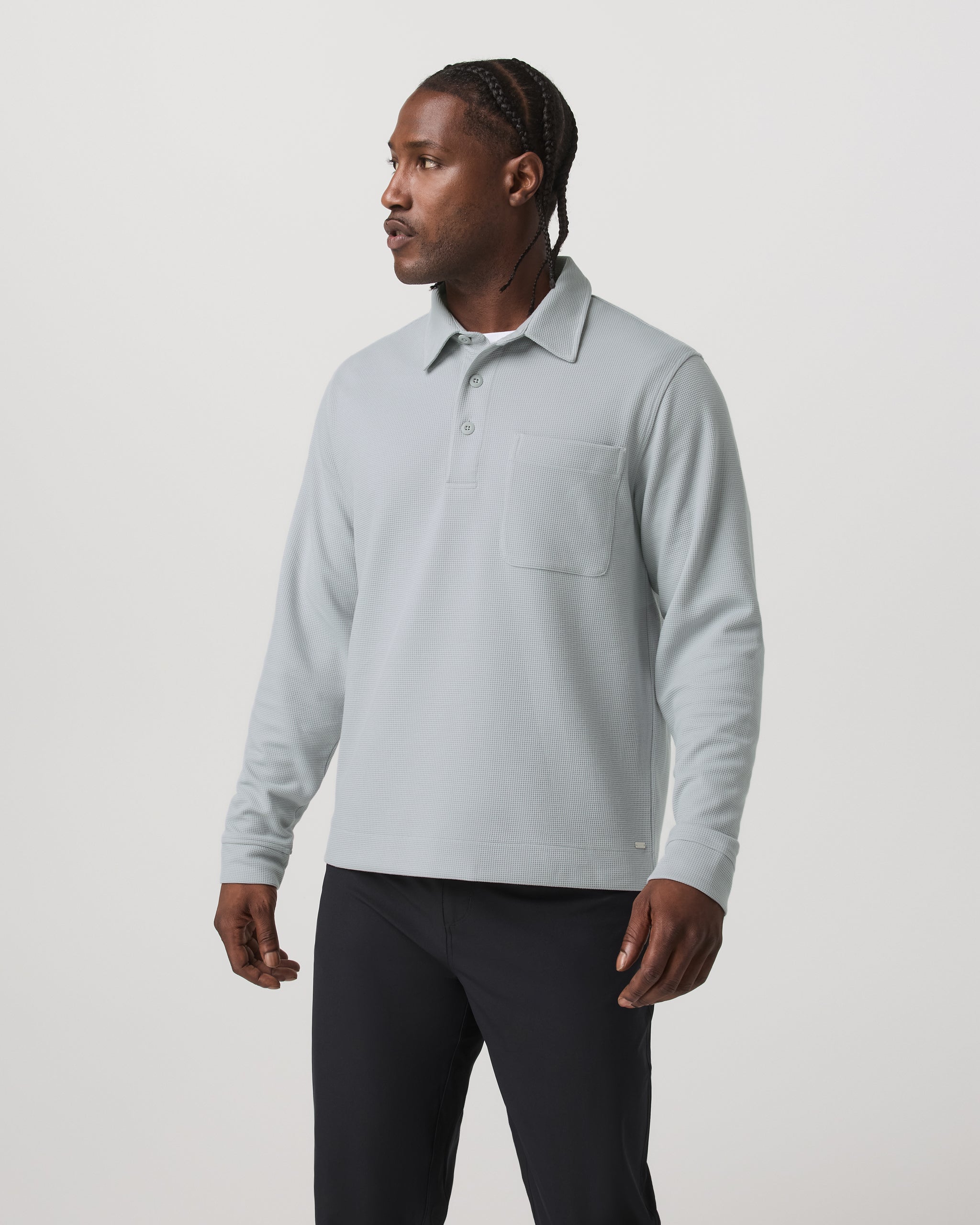 Long Sleeve Waffle Polo | Sea Fog - Image 5